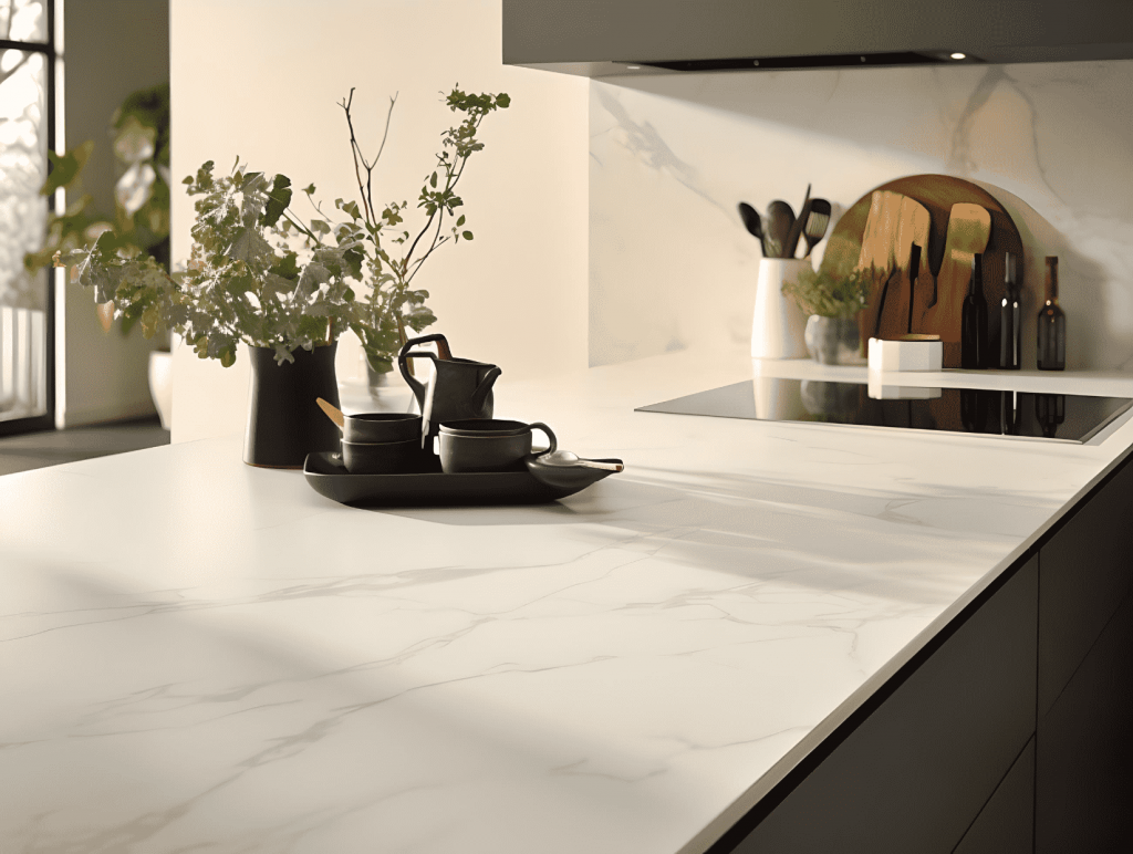 white marble compact laminate worktop with mugs on