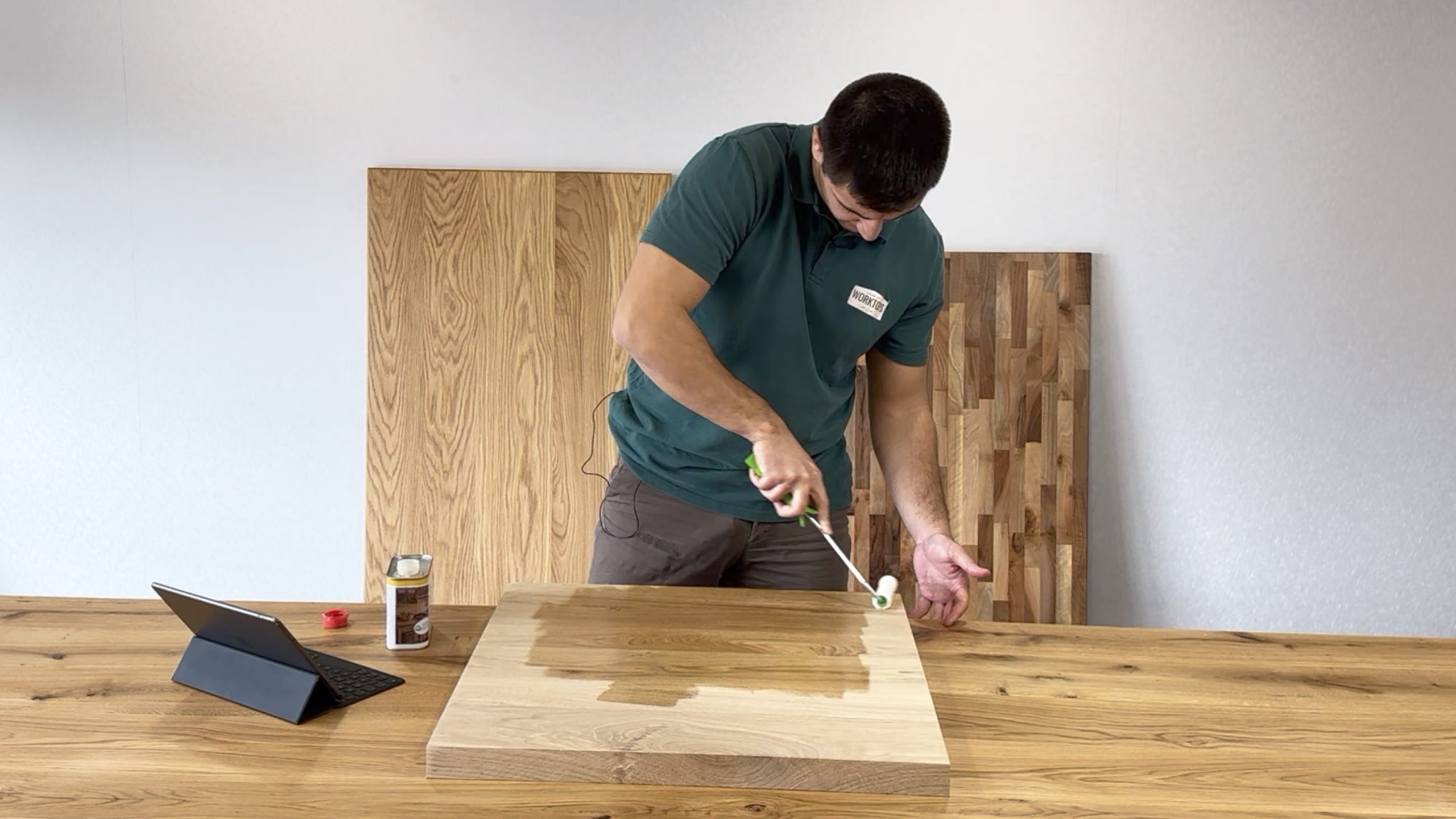 oiling worktop with a roller