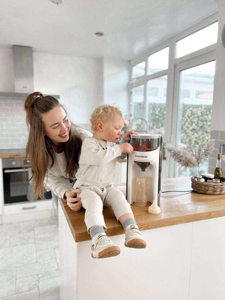 Family picture with an oak kitchen island