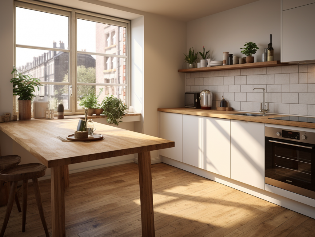 a small kitchen in oak with painted cabinets